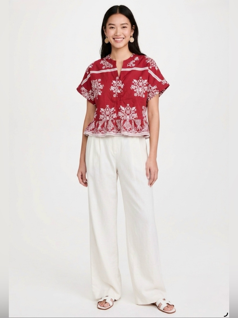 CeCe Red White Damask Print Peplum Top Short Sleeve Button Notch Neck S